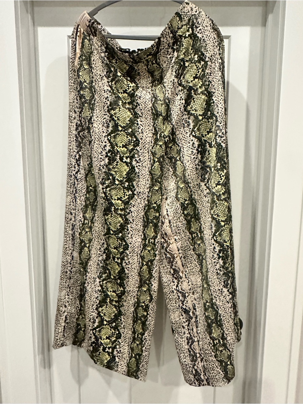 AFRM Wide Leg Snake-Print Pants in Green and Beige